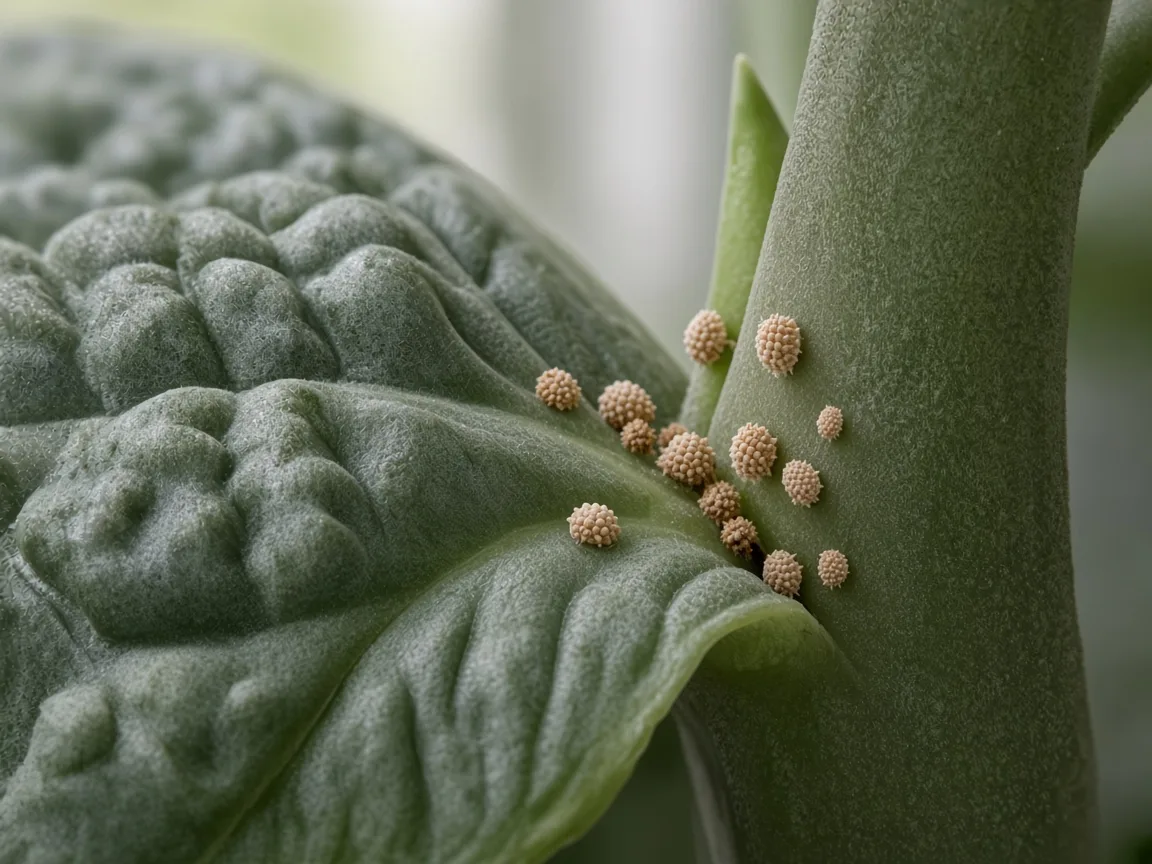 Close-up of scale insects on Alocasia Maharani - tan bumps on petiole at corrugated bullate leaf underside