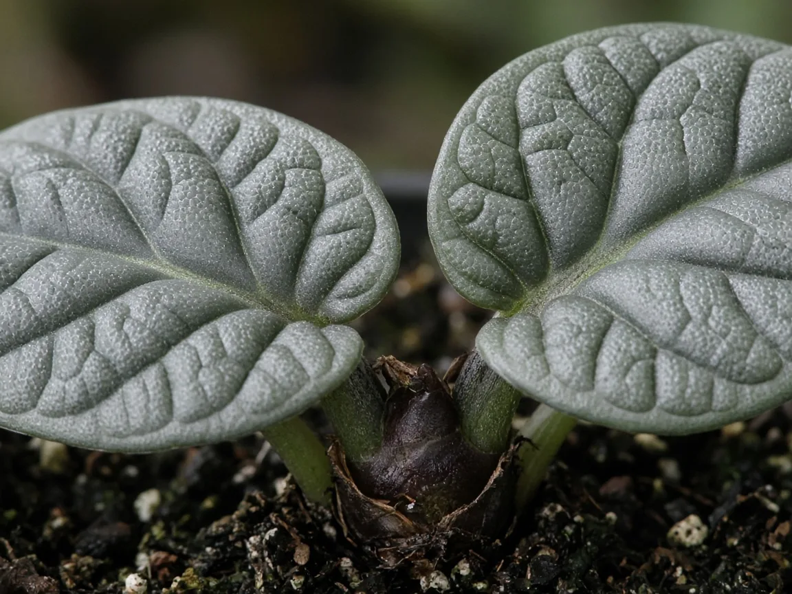 Close-up of Alocasia Maharani crown with no new bullate spear and only two older small corrugated grey-green leaves held on firm petioles