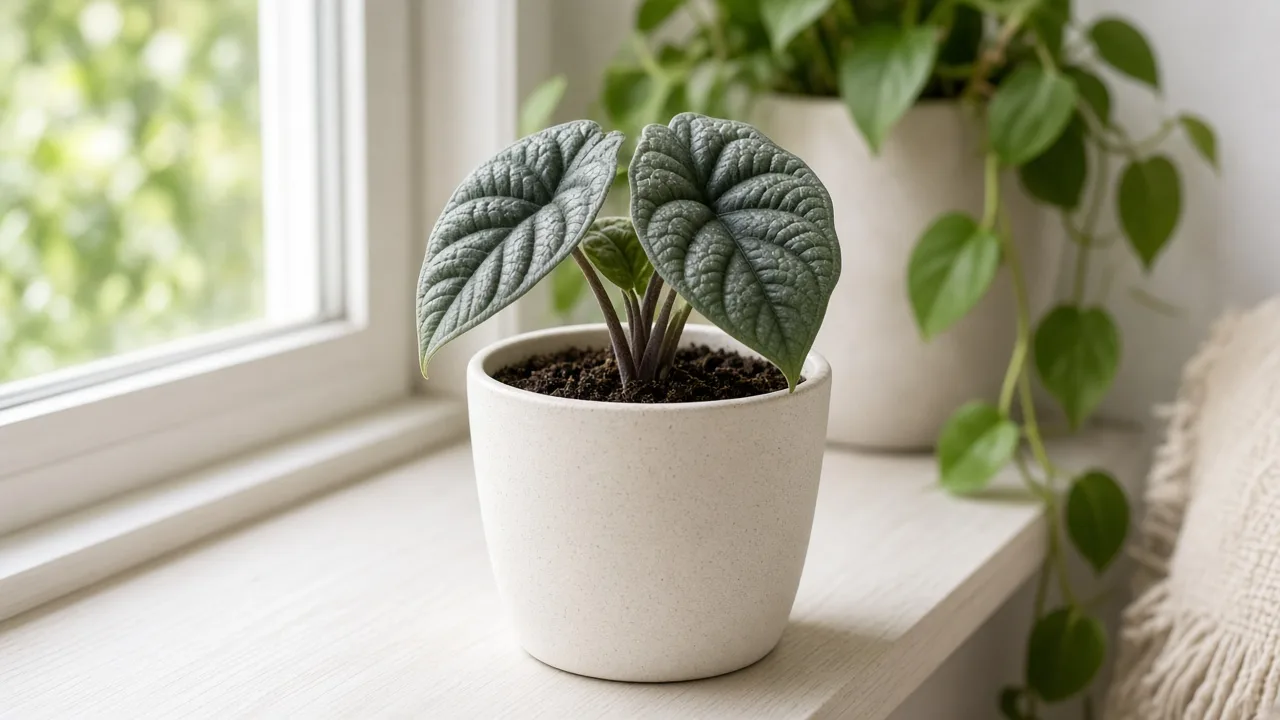 Slow growth on Alocasia Maharani - compact Grey Dragon alocasia with only two small corrugated bullate leaves and no new spear at the crown