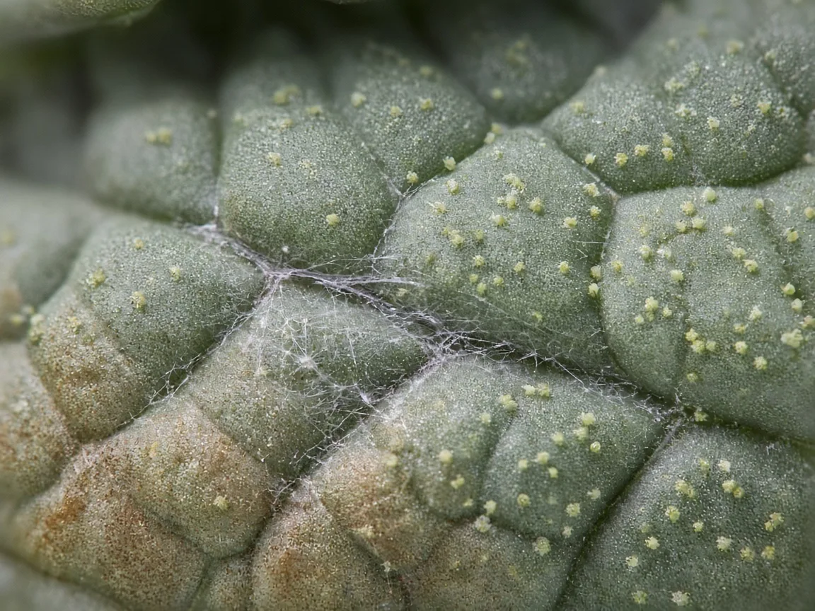 Close-up of spider mite stippling and fine webbing in the corrugated grooves of an Alocasia Maharani bullate leaf underside