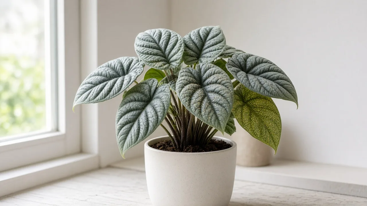 Spider mites on Alocasia Maharani - stippling and fine webbing on grey-green corrugated bullate leaves