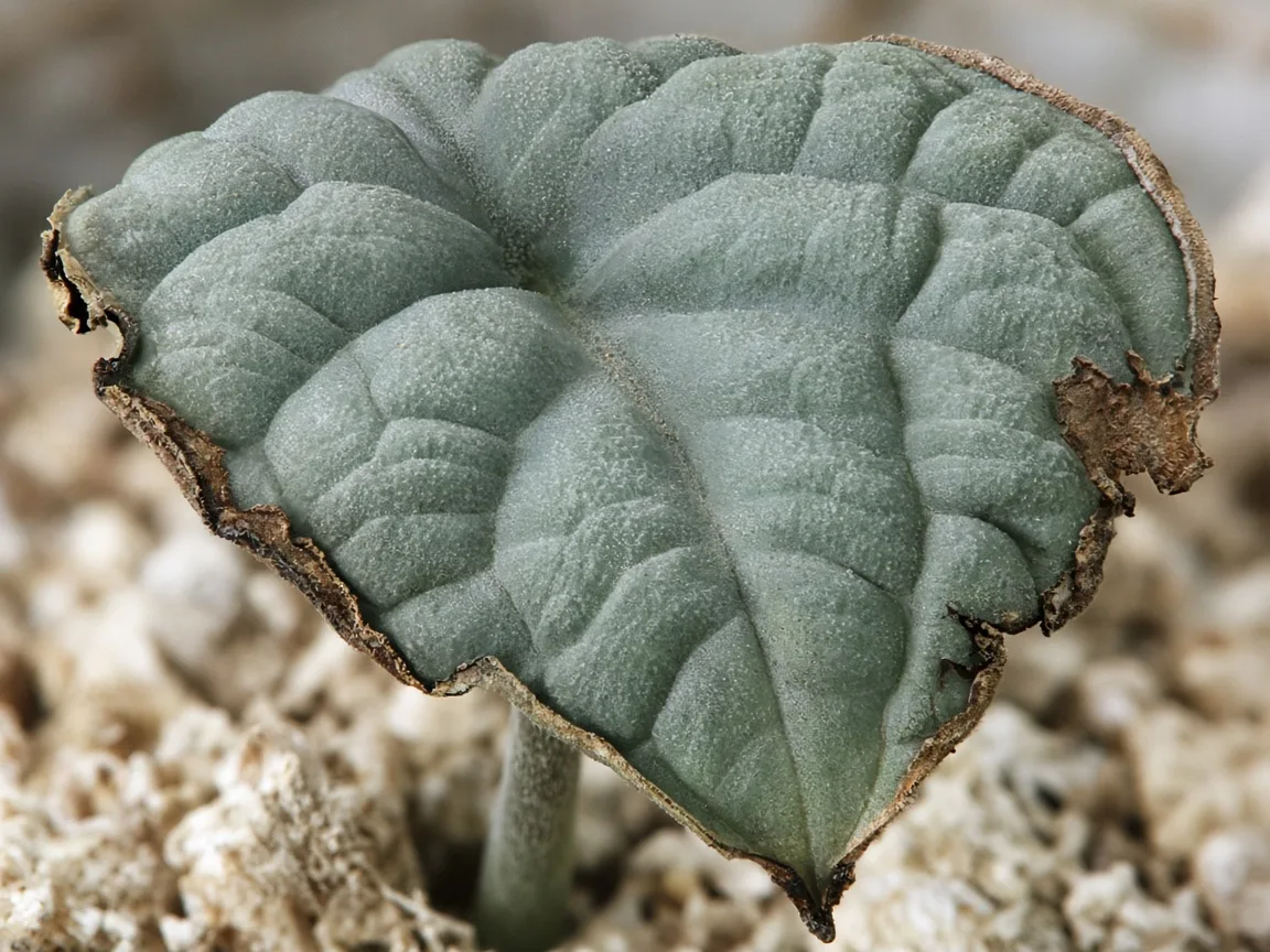 Close-up of cupped bullate leaves with crisp brown edges on Alocasia Maharani