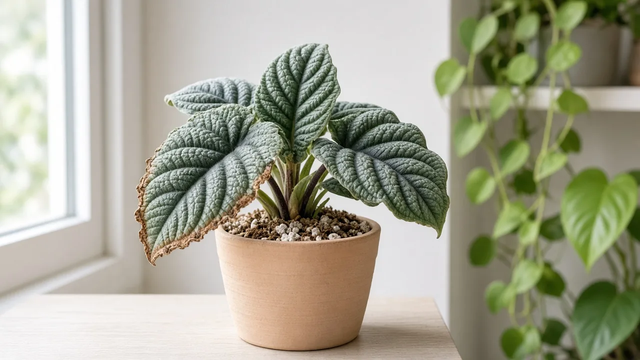 Underwatering on Alocasia Maharani - cupped grey-green bullate leaves with crisp brown edges on a light dry pot