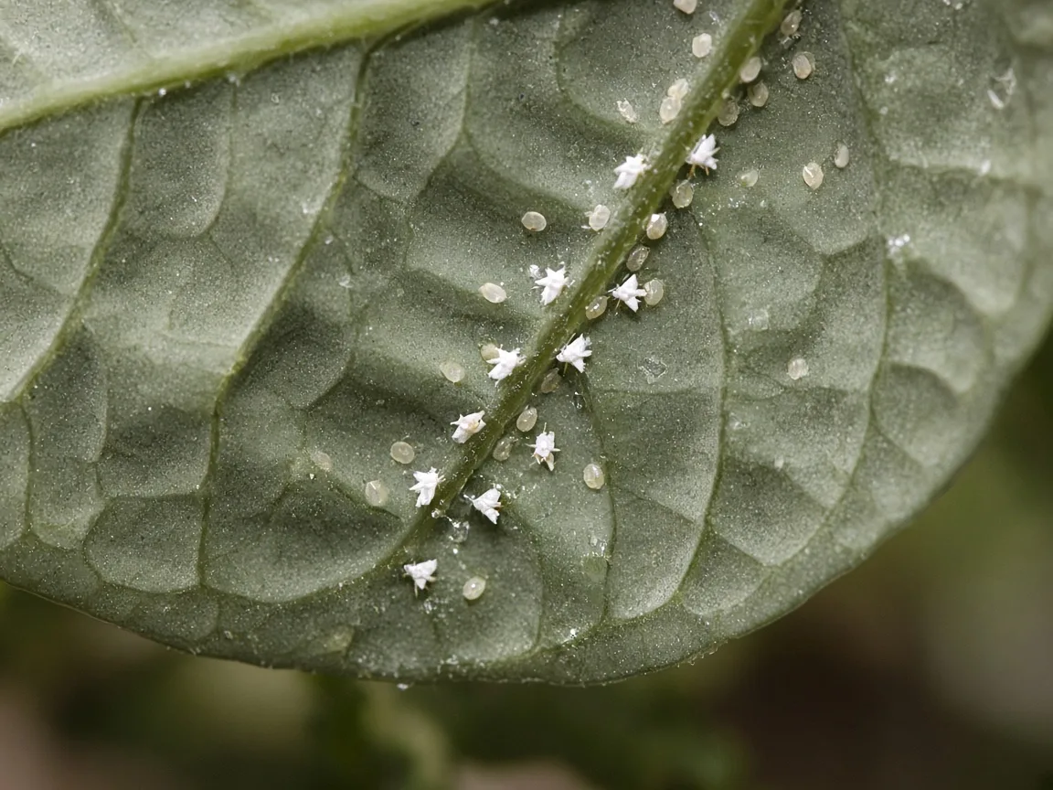 Close-up of tiny white adult whiteflies and pale nymph disks on the underside of an Alocasia Maharani corrugated bullate leaf