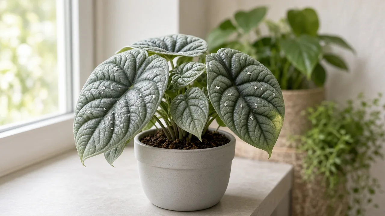 Whiteflies on Alocasia Maharani - tiny white insects on grey-green corrugated bullate leaf undersides