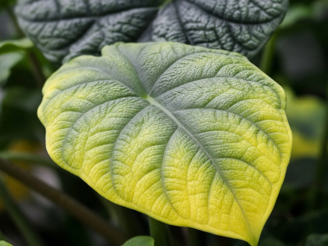 Close-up of yellow lower bullate leaf on Alocasia Maharani - chartreuse corrugated blade fading while crown stays grey-green