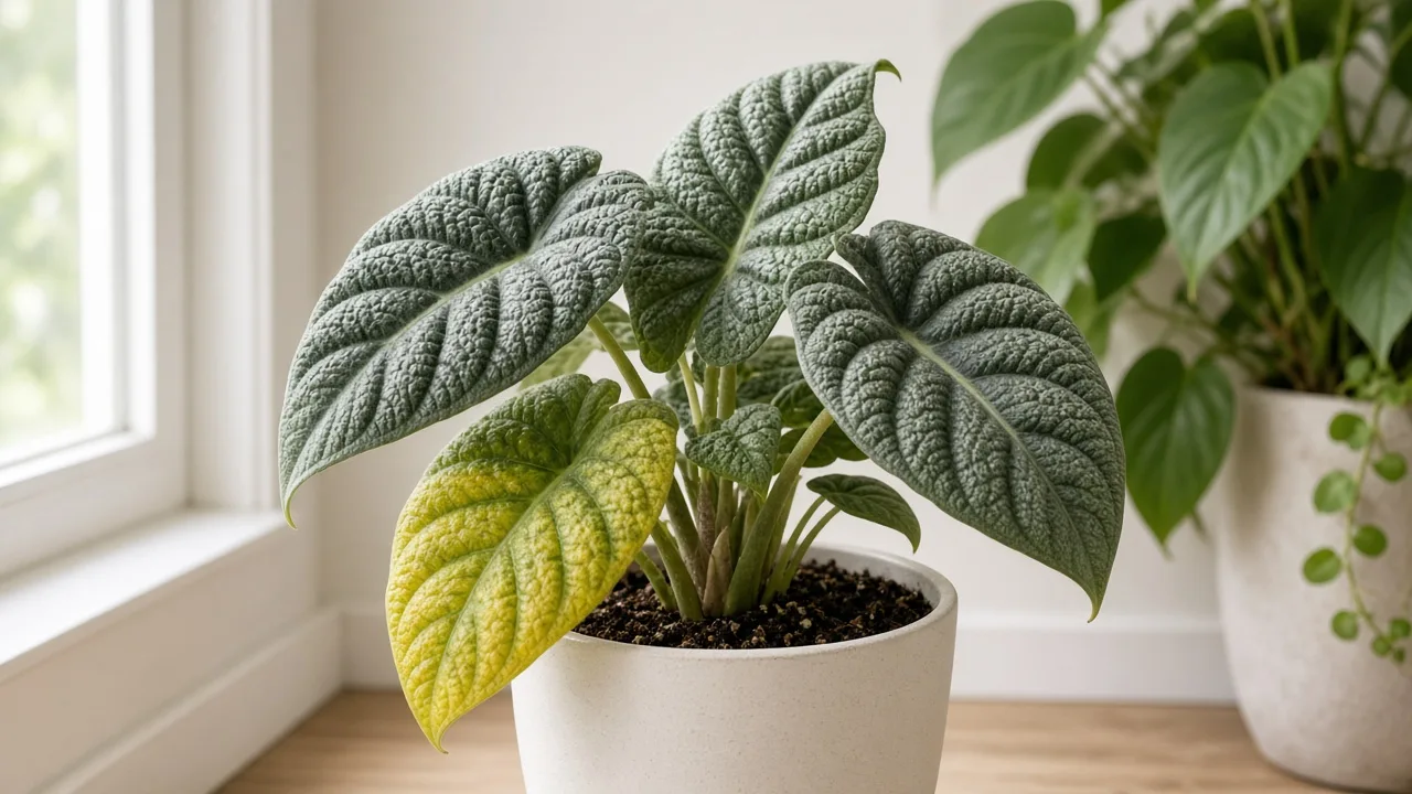 Yellow leaves on Alocasia Maharani - bottom grey-green bullate leaf turning chartreuse in a compact jewel alocasia clump