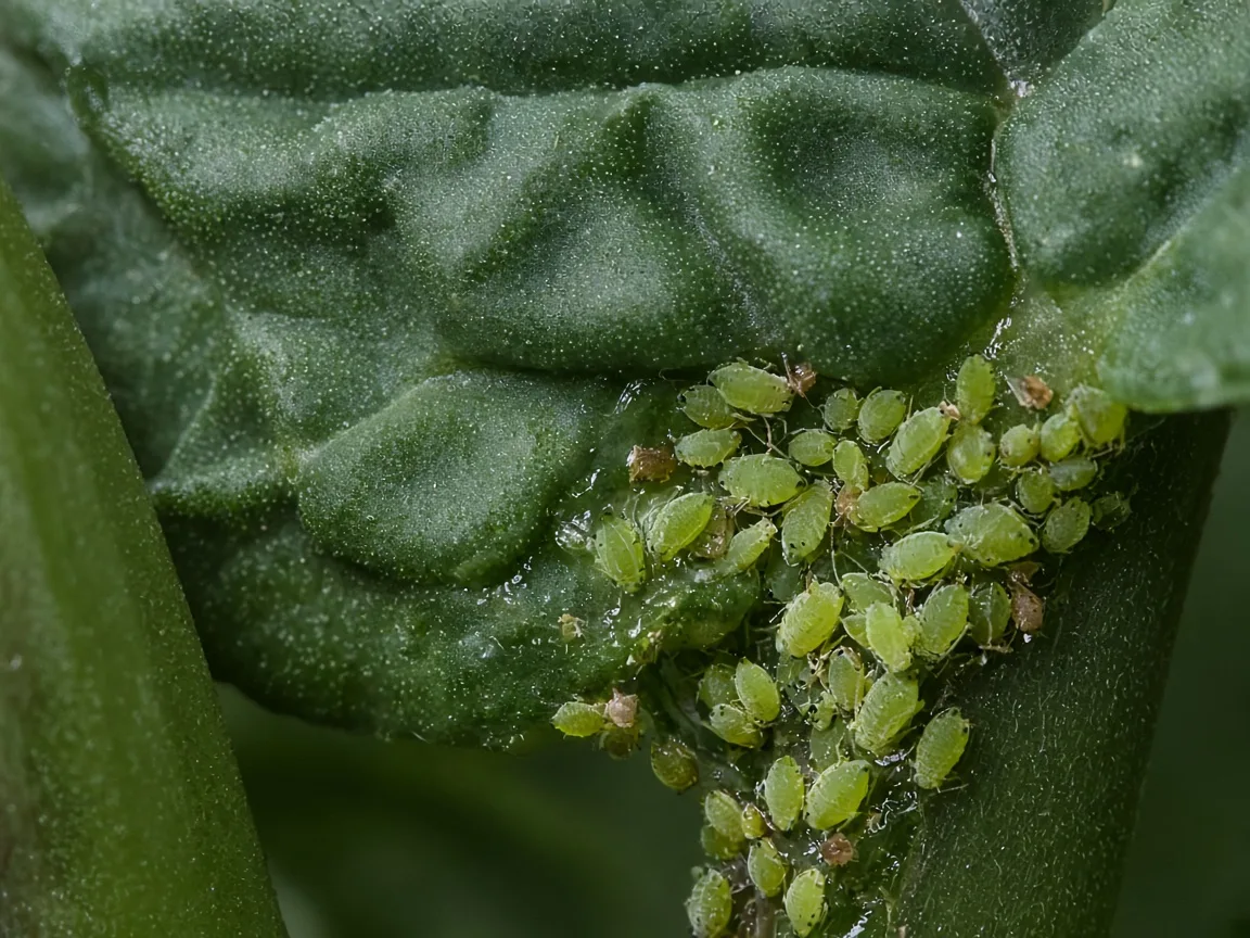 Close-up of soft green aphids clustered in a petiole axil on Alocasia Melo bullate foliage