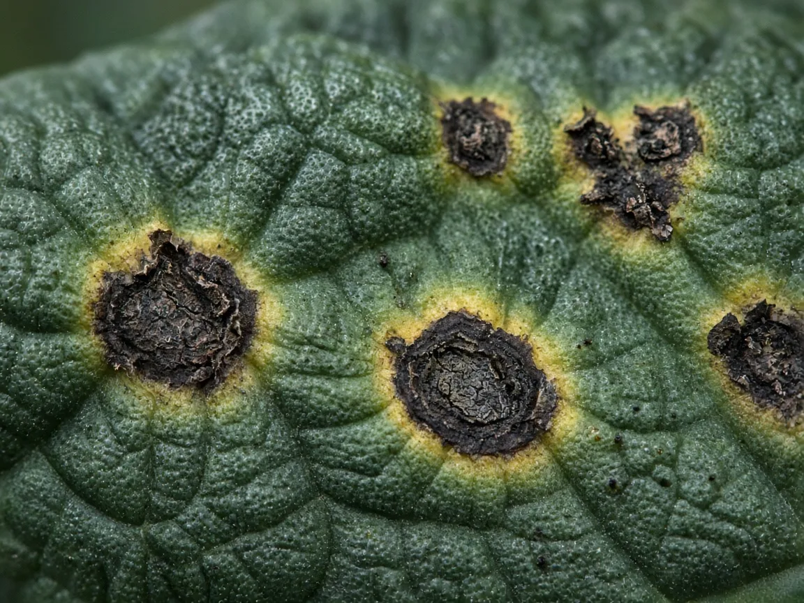 Close-up of black spots on Alocasia Melo bullate leaves
