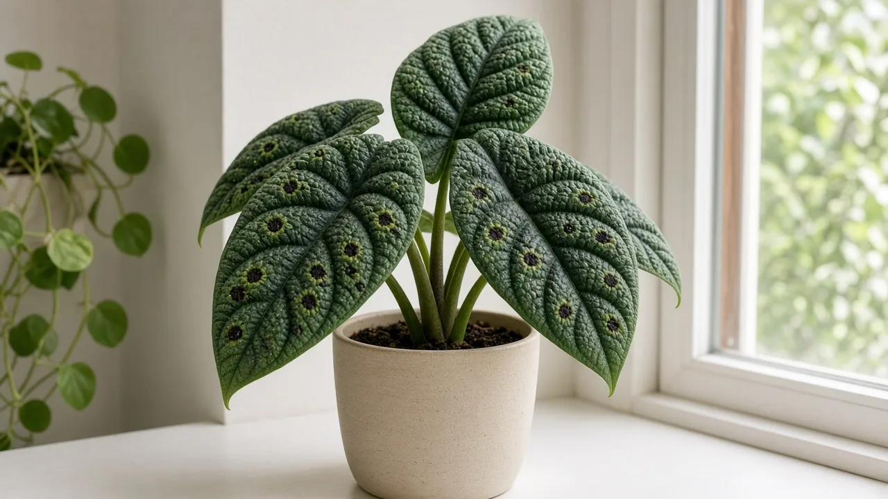 Black Spots on Alocasia Melo - dark lesions on thick pebbled bullate leaves