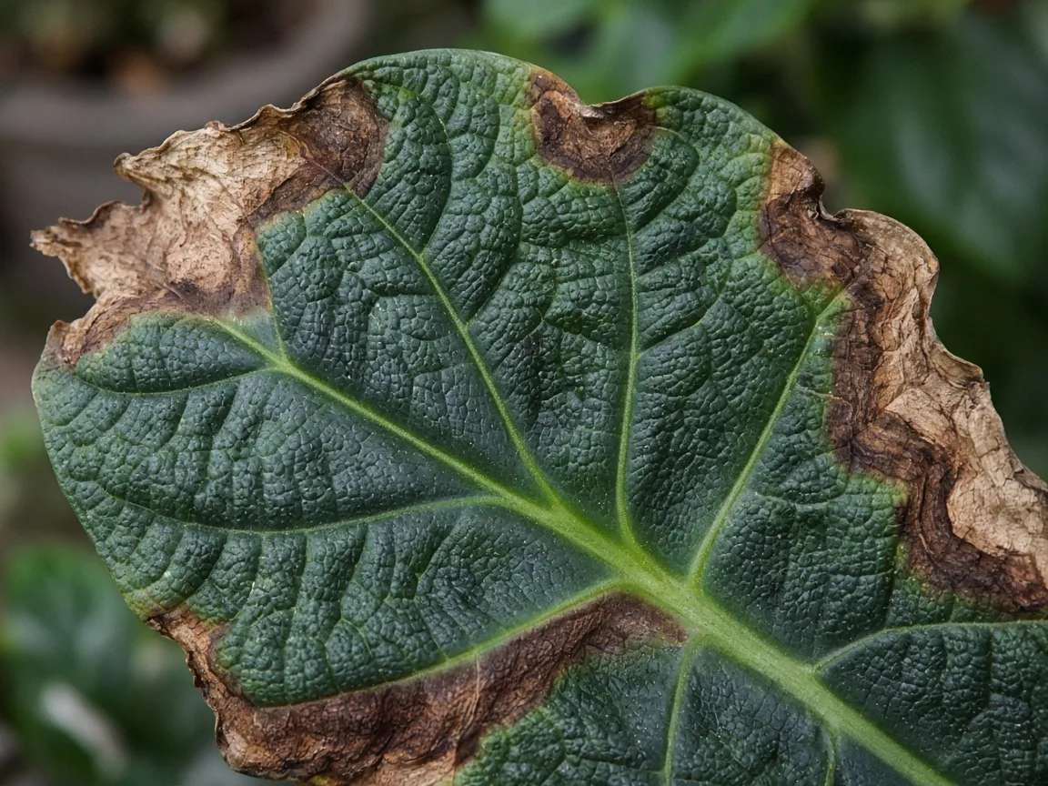 Close-up of Brown Leaves on Alocasia Melo - diagnostic detail
