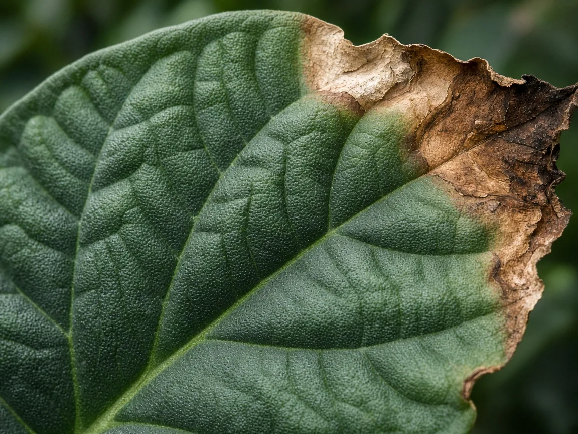 Close-up of brown tips on Alocasia Melo - diagnostic detail