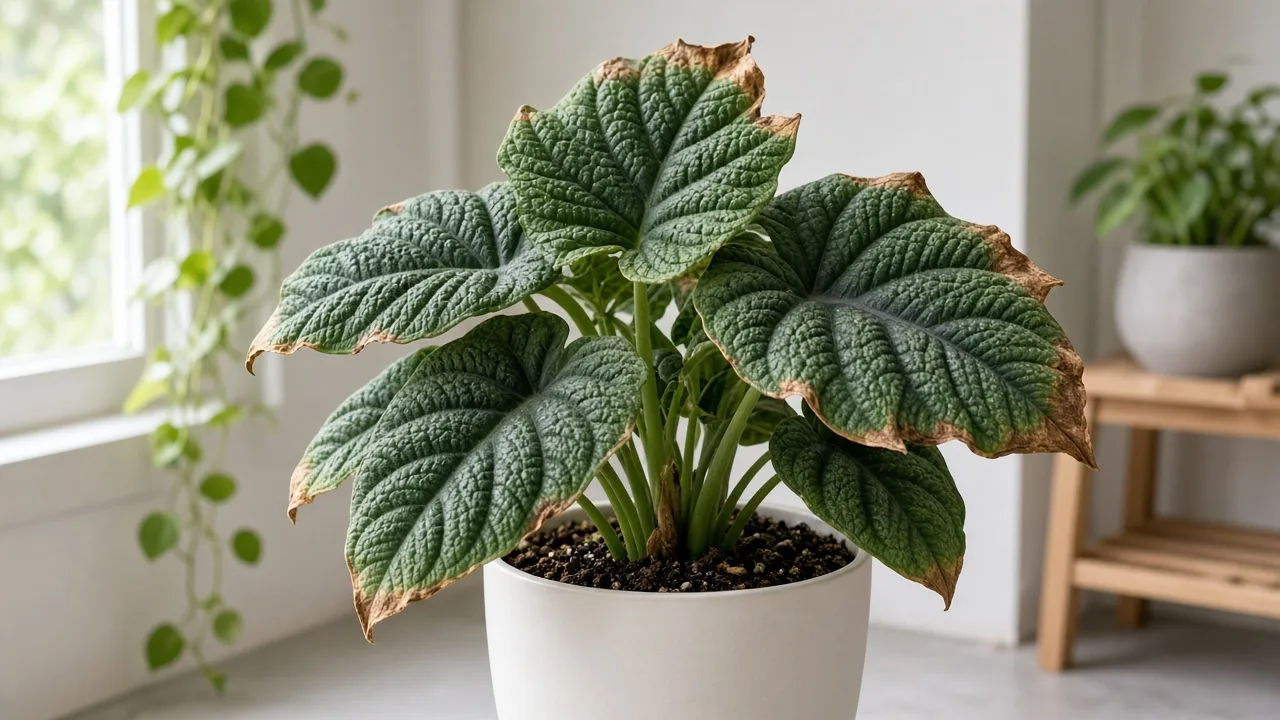 Brown tips on Alocasia Melo - dry tan margins on matte pebbled bullate leaves