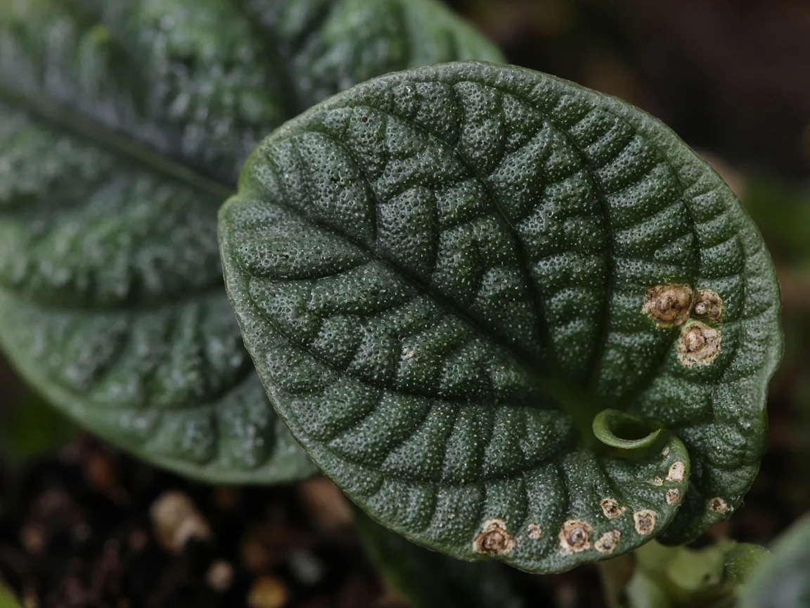Close-up of calcium deficiency on Alocasia Melo — distorted bullate new leaf margins