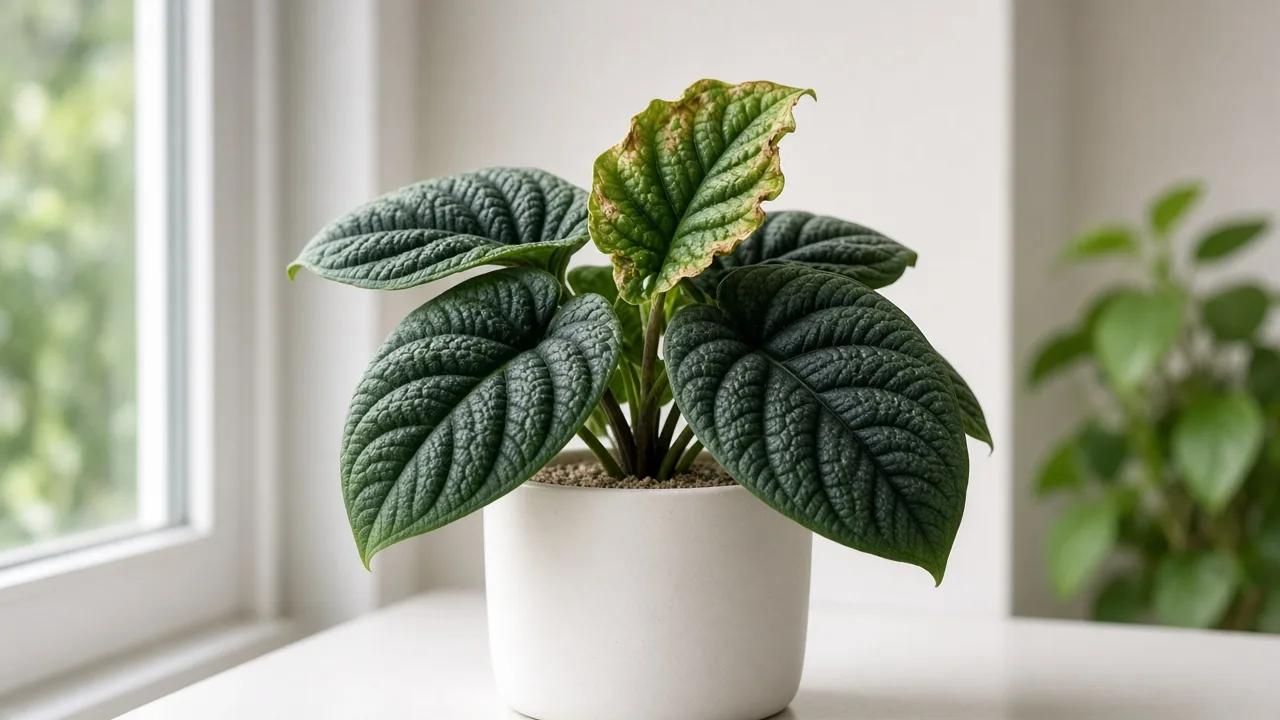 Calcium deficiency on Alocasia Melo — distorted bullate new leaf with brown margins while older pebbled leaves look healthy