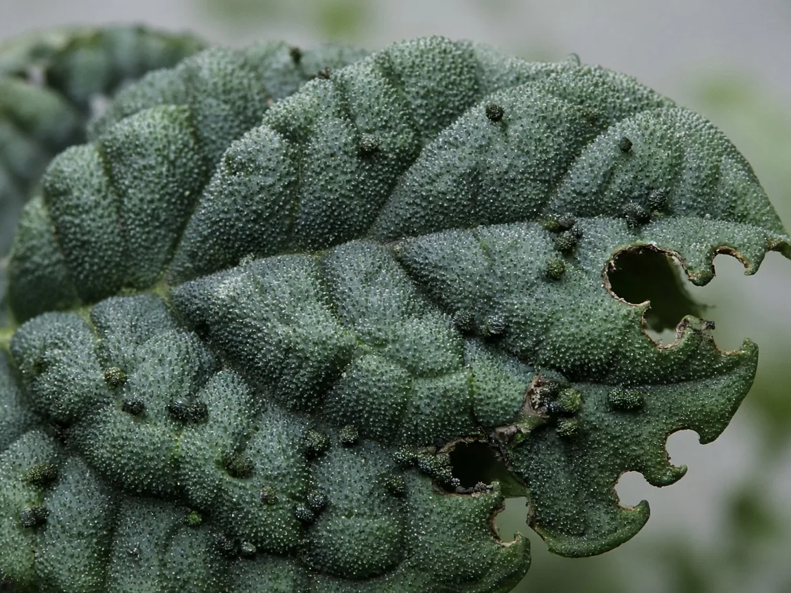 Close-up of caterpillar damage on Alocasia Melo - irregular chew notches on thick pebbled bullate leaf with dark frass pellets