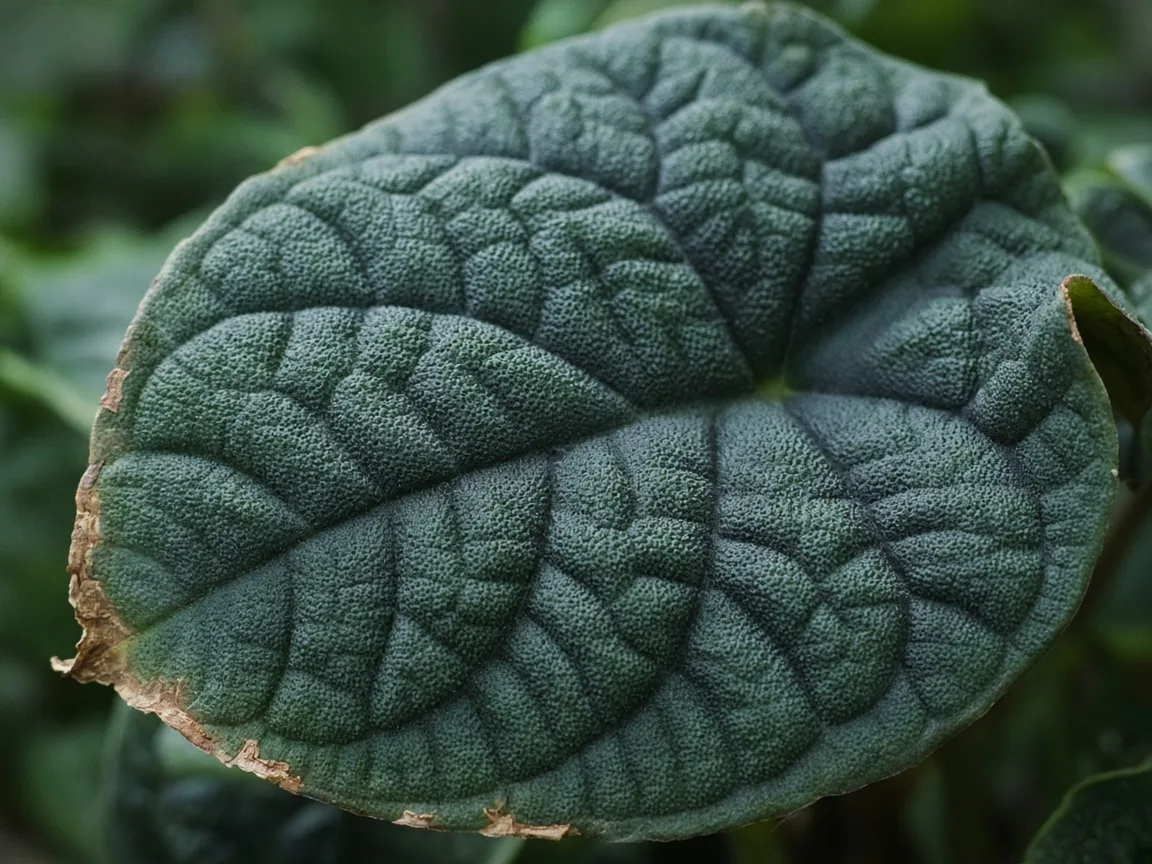 Close-up of curling leaves on Alocasia Melo - diagnostic detail