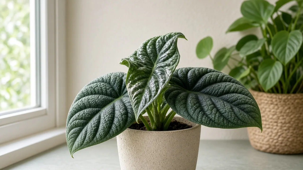 Distorted Leaves on Alocasia Melo - twisted pebbled matte bullate foliage on slow jewel alocasia