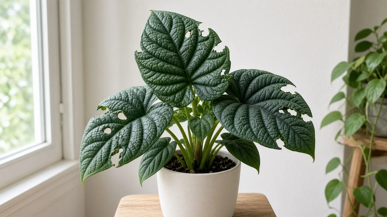 Holes in leaves on Alocasia Melo - ragged chew marks on thick bullate green foliage