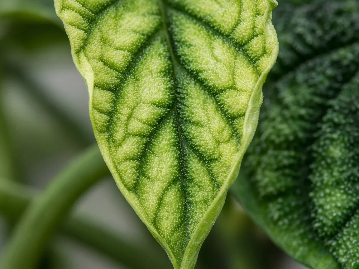 Close-up of interveinal chlorosis on new Alocasia Melo bullate leaf