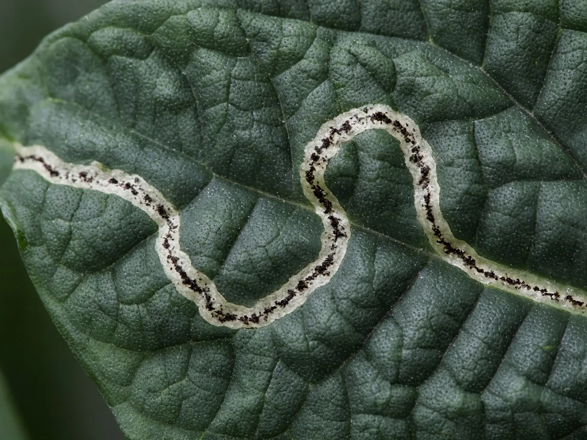 Close-up of leaf miner serpentine tunnel inside an Alocasia Melo bullate matte leaf