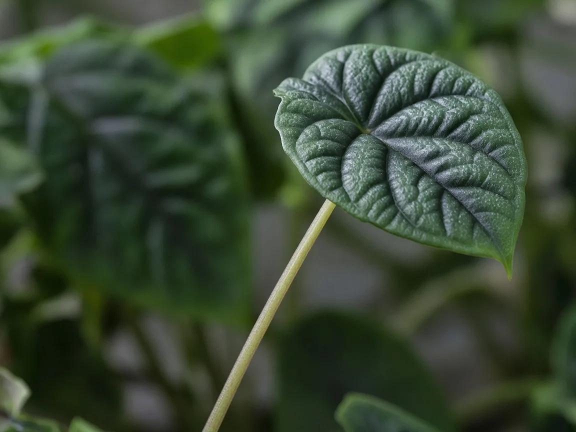 Close-up of leggy growth on Alocasia Melo - elongated petiole with wide gap before a small quilted bullate leaf