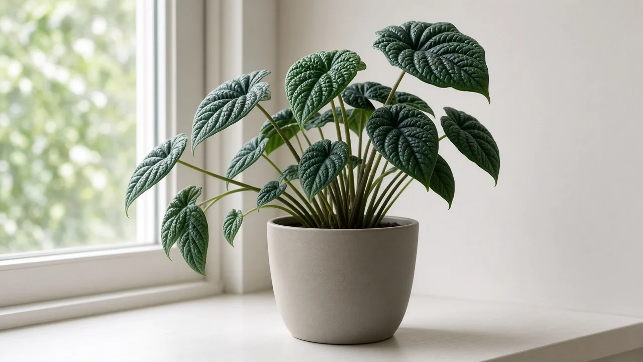 Leggy growth on Alocasia Melo - jewel alocasia leaning toward window with long bare petioles between small quilted bullate leaves