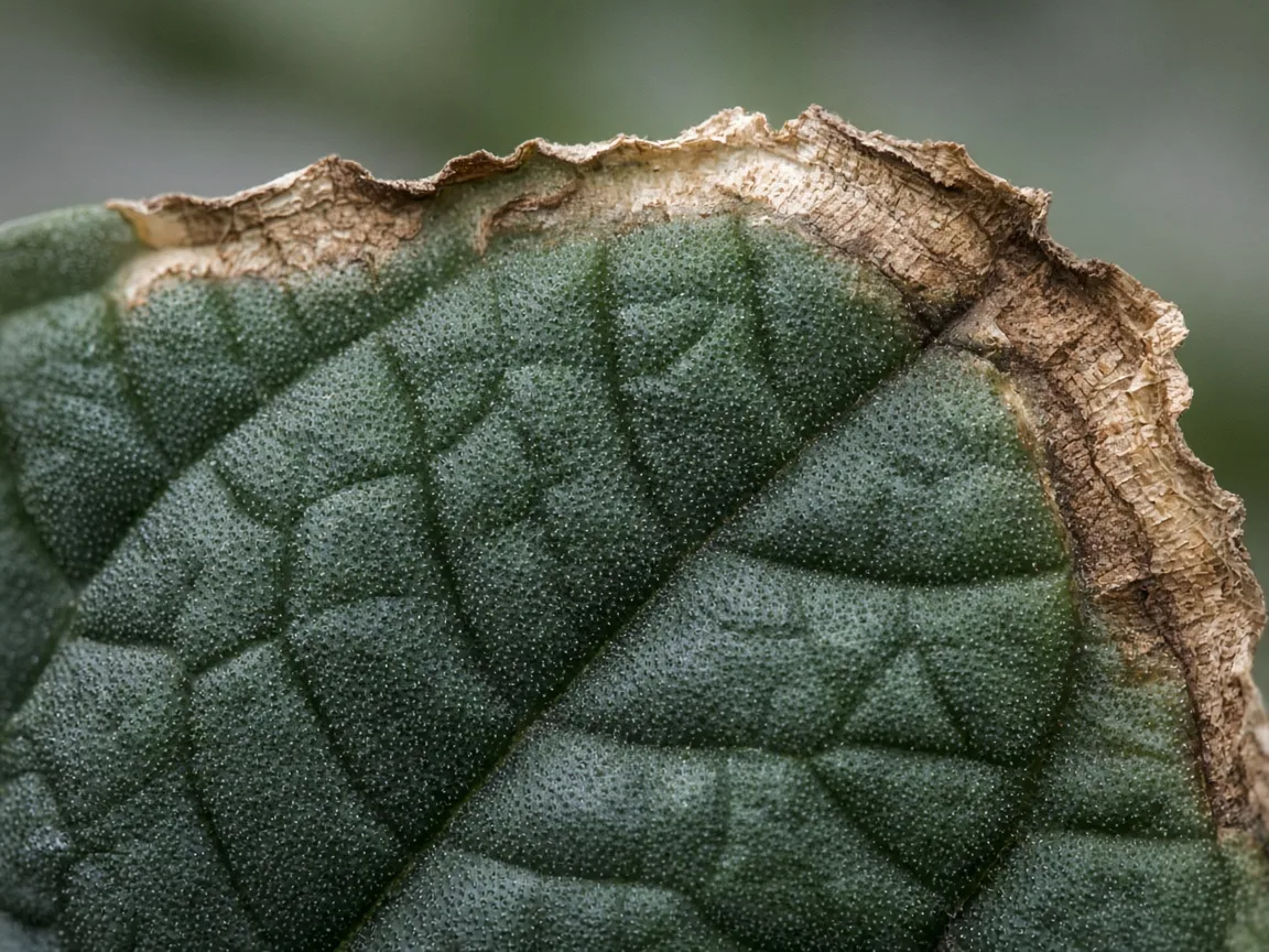 Close-up of low humidity on Alocasia Melo - papery brown margins on bullate leaf
