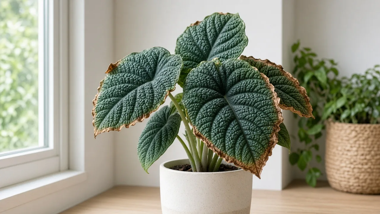 Alocasia melo leaves with dry, crispy brown margins in a bright room