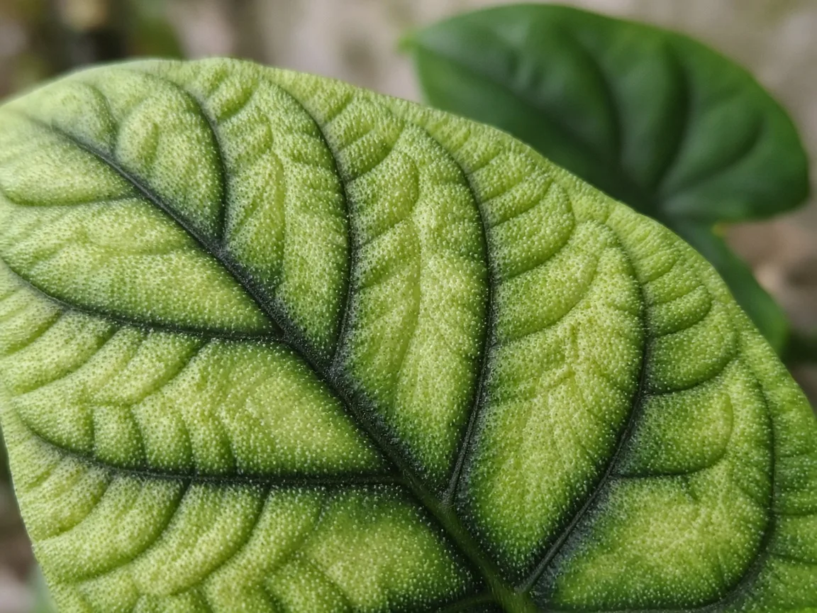 Close-up of interveinal chlorosis on older Alocasia Melo bullate leaf