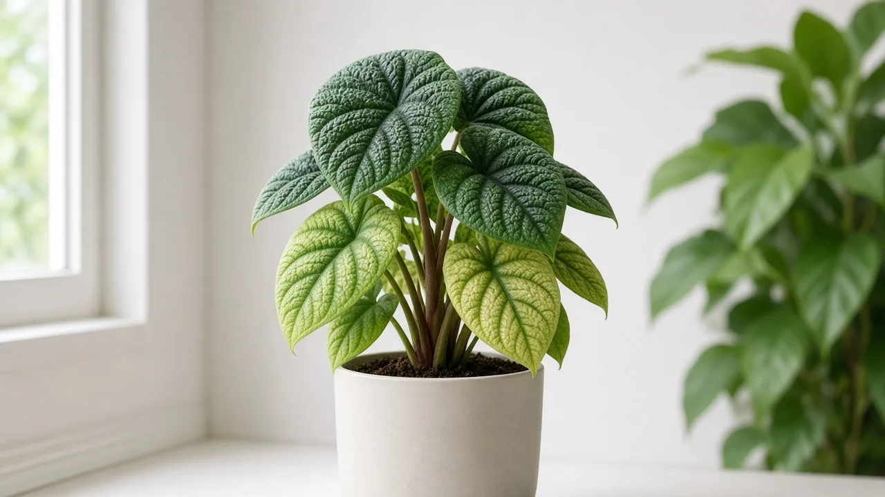 Magnesium deficiency on Alocasia Melo — yellow between green veins on older bullate leaves while newer crown foliage stays deep green