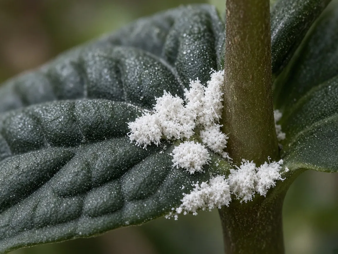 Close-up of white cottony mealybug clusters in a petiole axil on Alocasia Melo bullate foliage