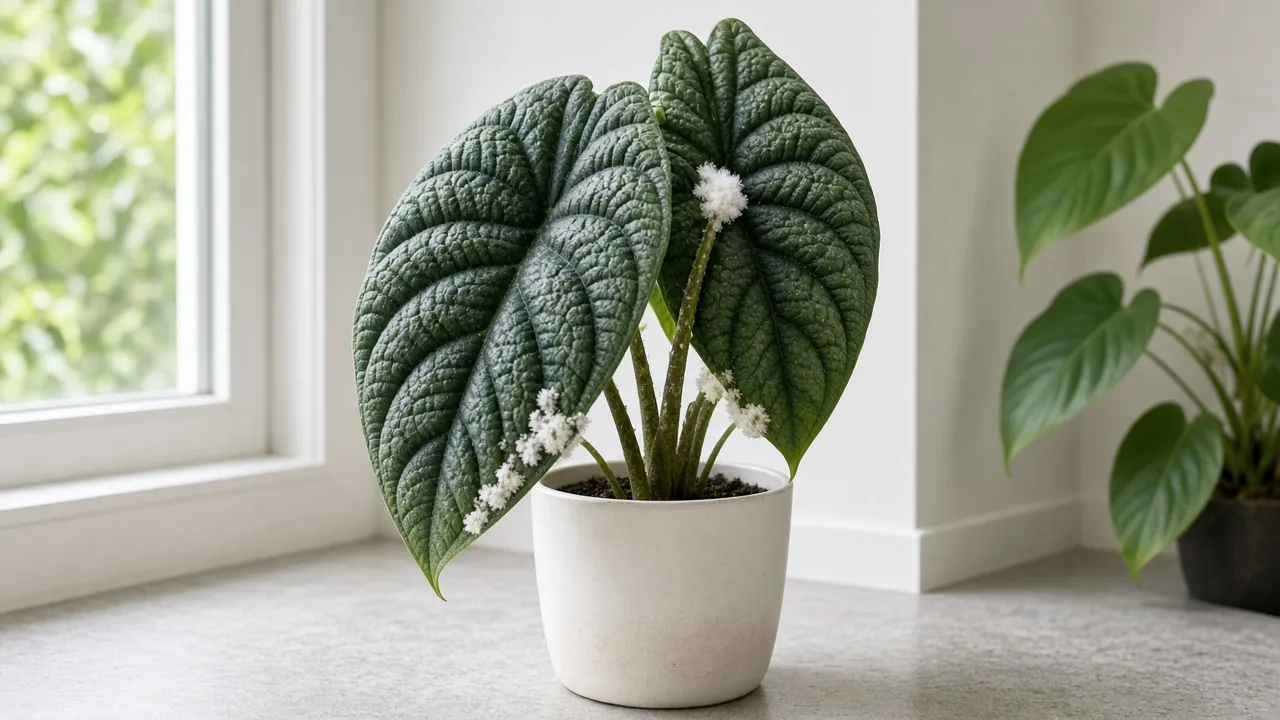Mealybugs on Alocasia Melo - white cottony clusters in a petiole axil on bullate foliage
