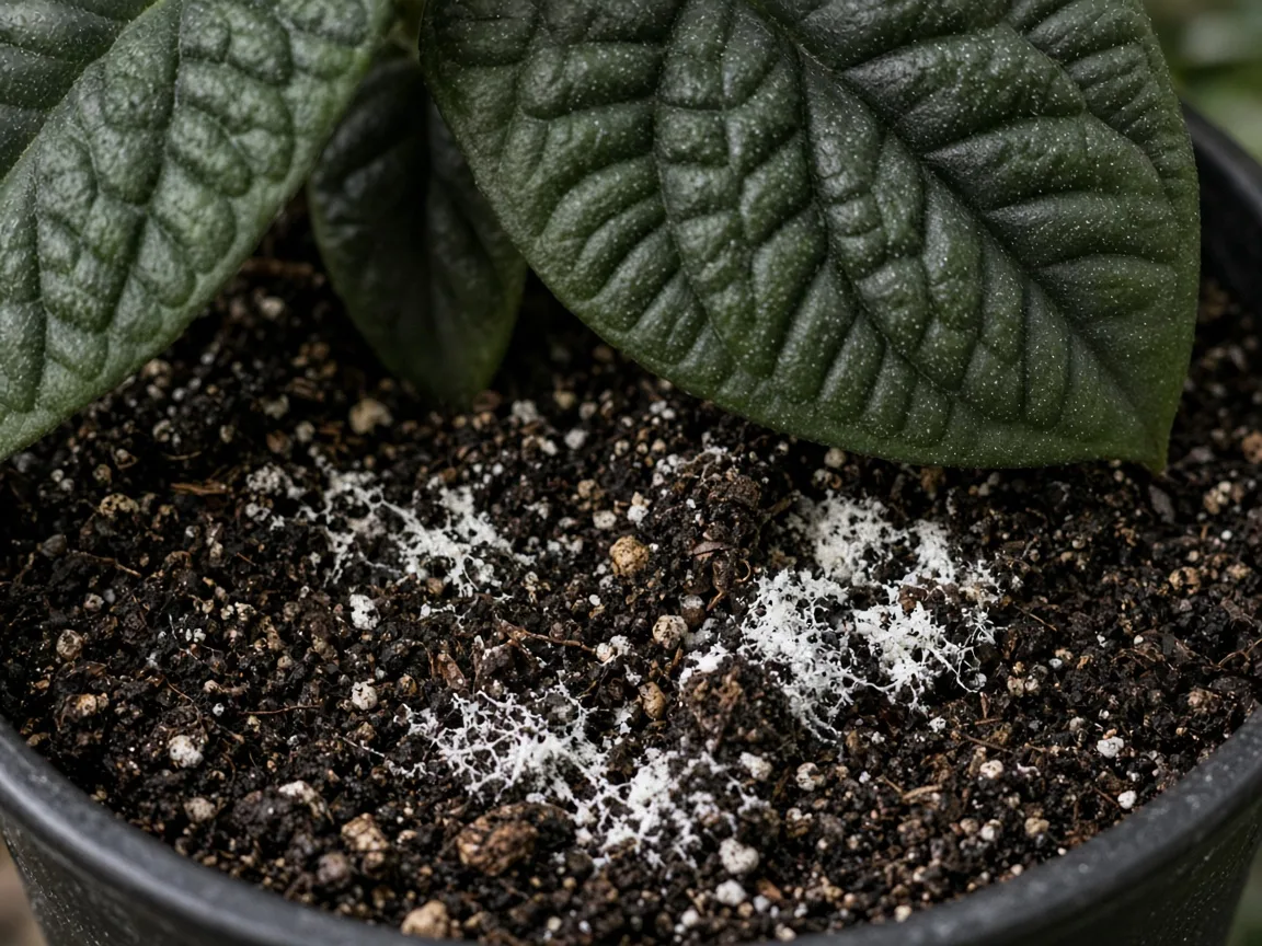 Close-up of mold on soil on Alocasia Melo — white fuzzy threads on damp aroid mix at the base of thick corrugated bullate leaves