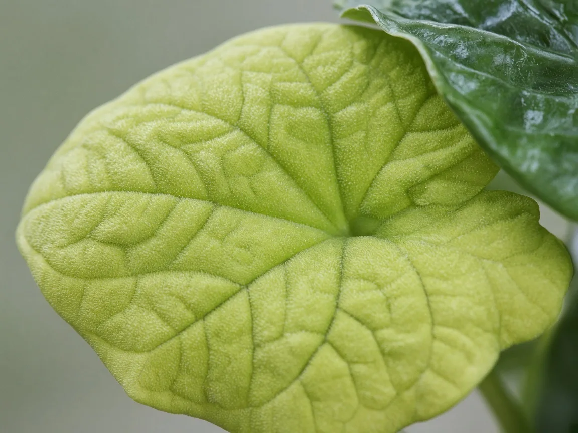 Close-up of nitrogen deficiency on Alocasia Melo - faded bullate texture on lower pebbled leaf