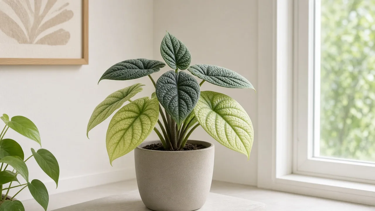 Nitrogen deficiency on Alocasia Melo - pale lower bullate leaves on jewel alocasia