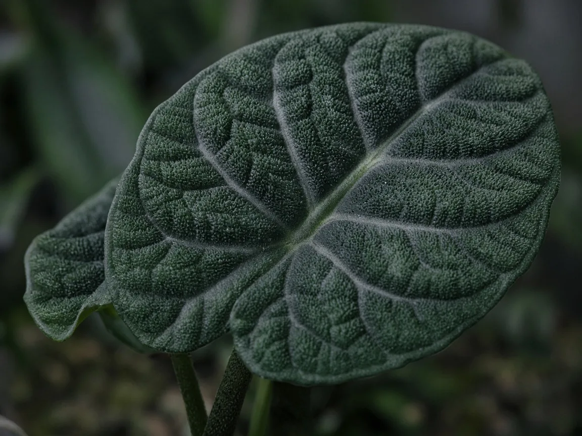 Close-up of dull quilted Alocasia Melo leaf with flat silvery veining and small blade on elongated petiole