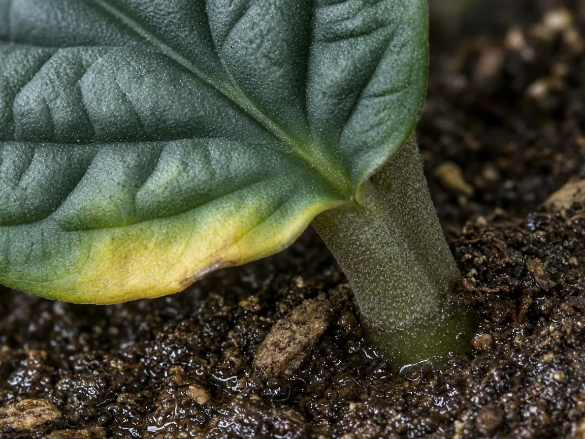 Close-up of overwatering on Alocasia Melo — yellow lower leaf and damp soil at petiole base