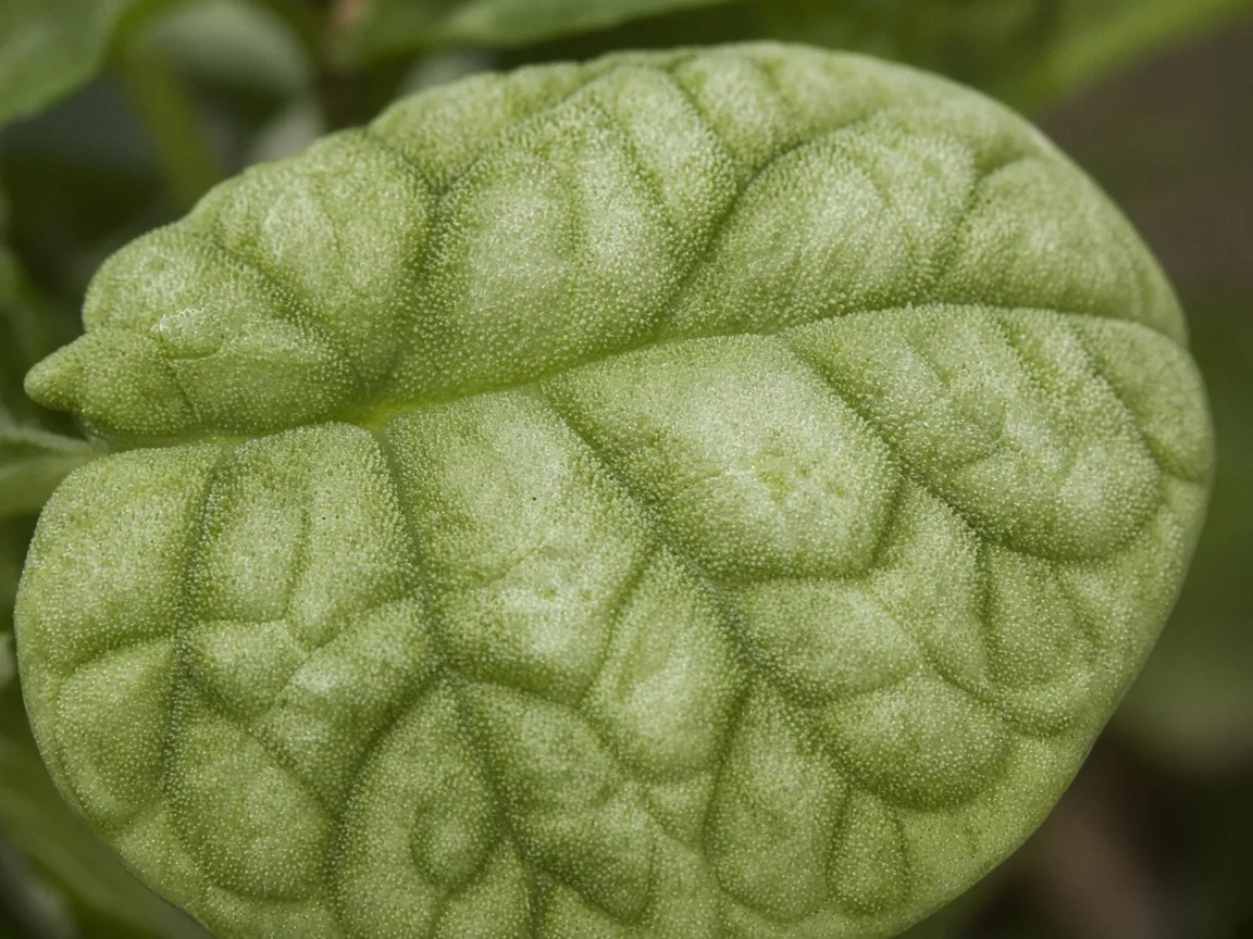 Close-up of washed-out pale color on Alocasia Melo bullate leaf