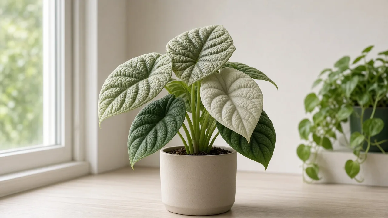 Pale leaves on Alocasia Melo - washed-out matte bullate foliage with faded pebbled texture