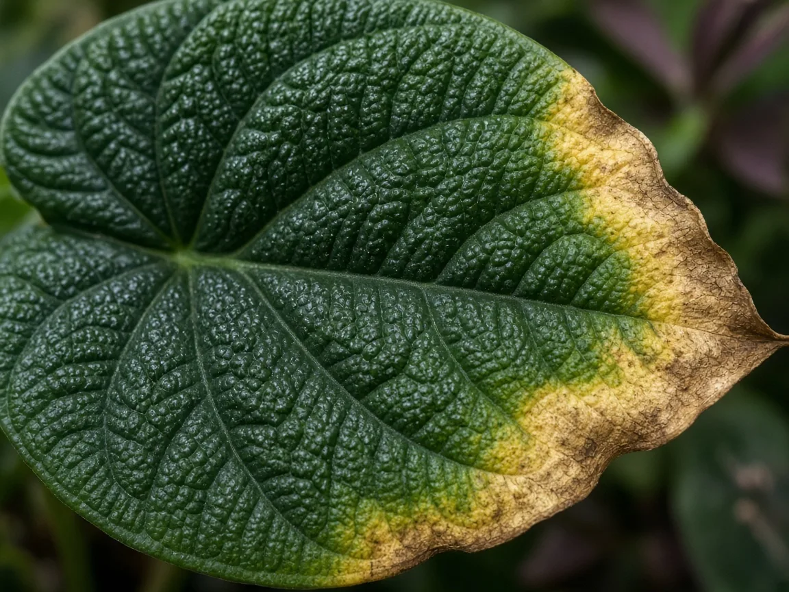 Close-up of potassium deficiency on Alocasia Melo - scorched margin on bullate leaf