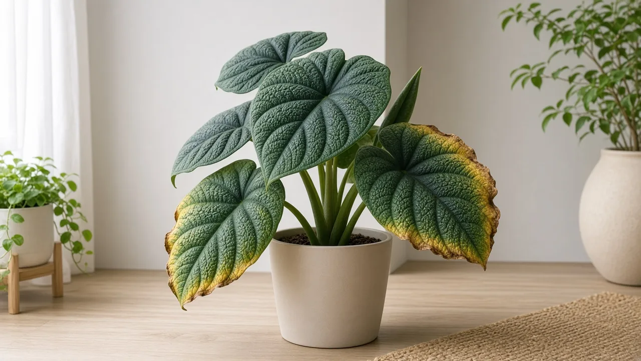 Potassium deficiency on Alocasia Melo - scorched margins on older lower bullate leaves while crown growth stays green