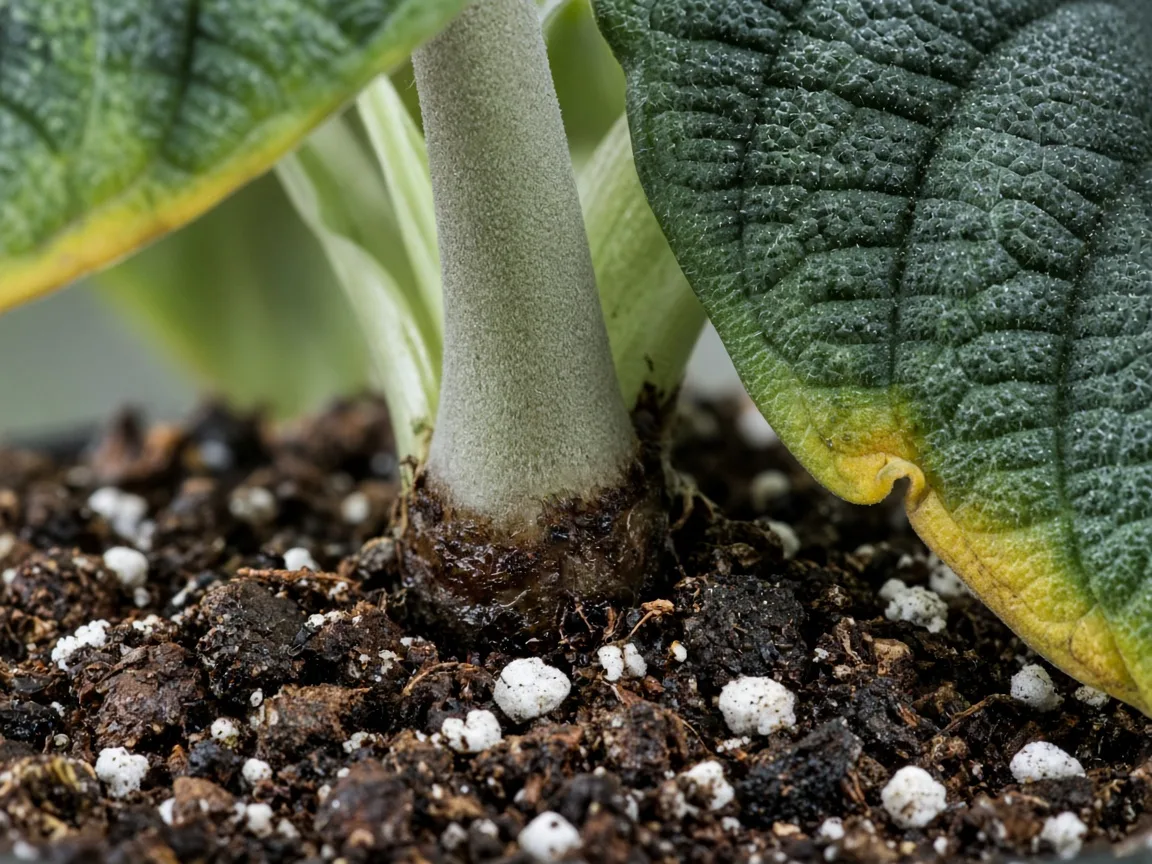 Close-up of root rot on Alocasia Melo — soft dark petiole base and yellowing bullate leaf at the soil line