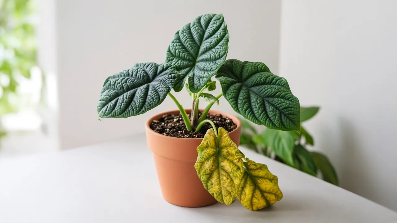 Alocasia melo with a yellowing lower leaf in a pot of moist soil, a possible root-zone warning sign