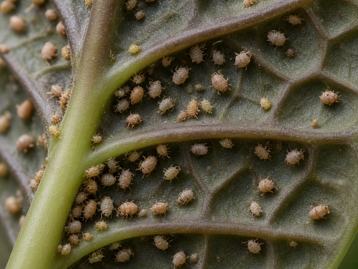 Close-up of scale insects on Alocasia Melo - tan bumps on petiole at pebbled bullate leaf underside