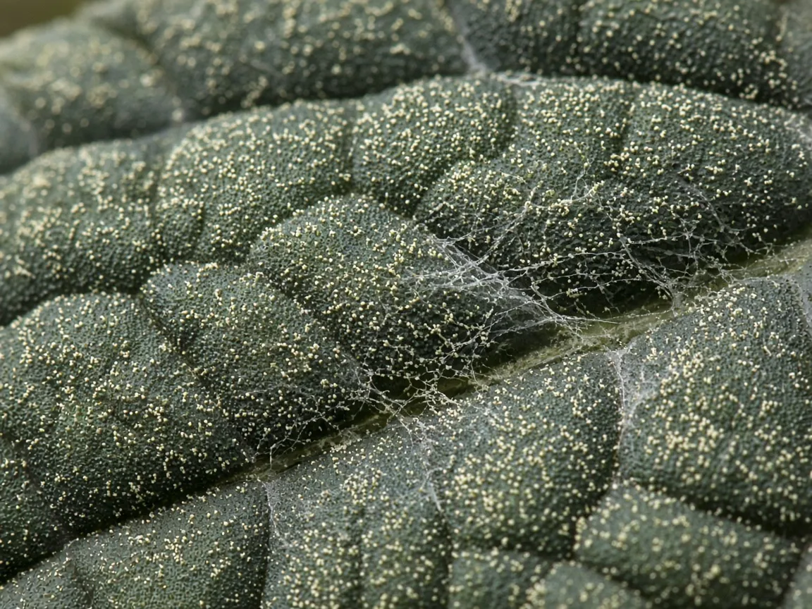 Close-up of spider mite stippling and fine webbing in the corrugated grooves of an Alocasia Melo bullate leaf underside