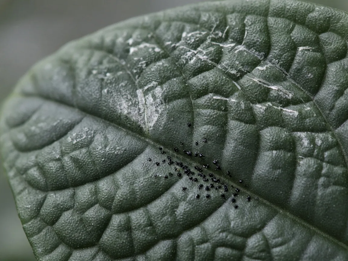 Close-up of thrips damage on Alocasia Melo - silvery scrape scars and black frass specks on matte green pebbled leaf
