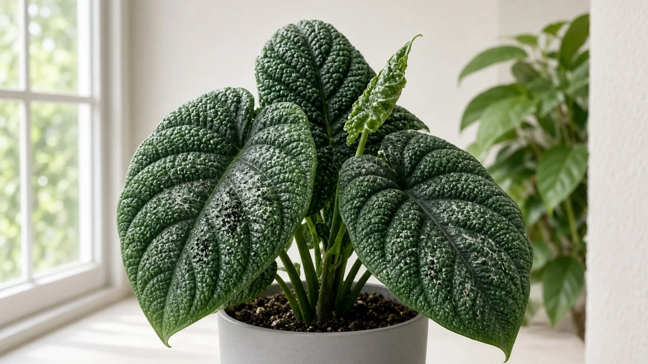 Thrips on Alocasia Melo - silvery scarring on matte green pebbled bullate leaves