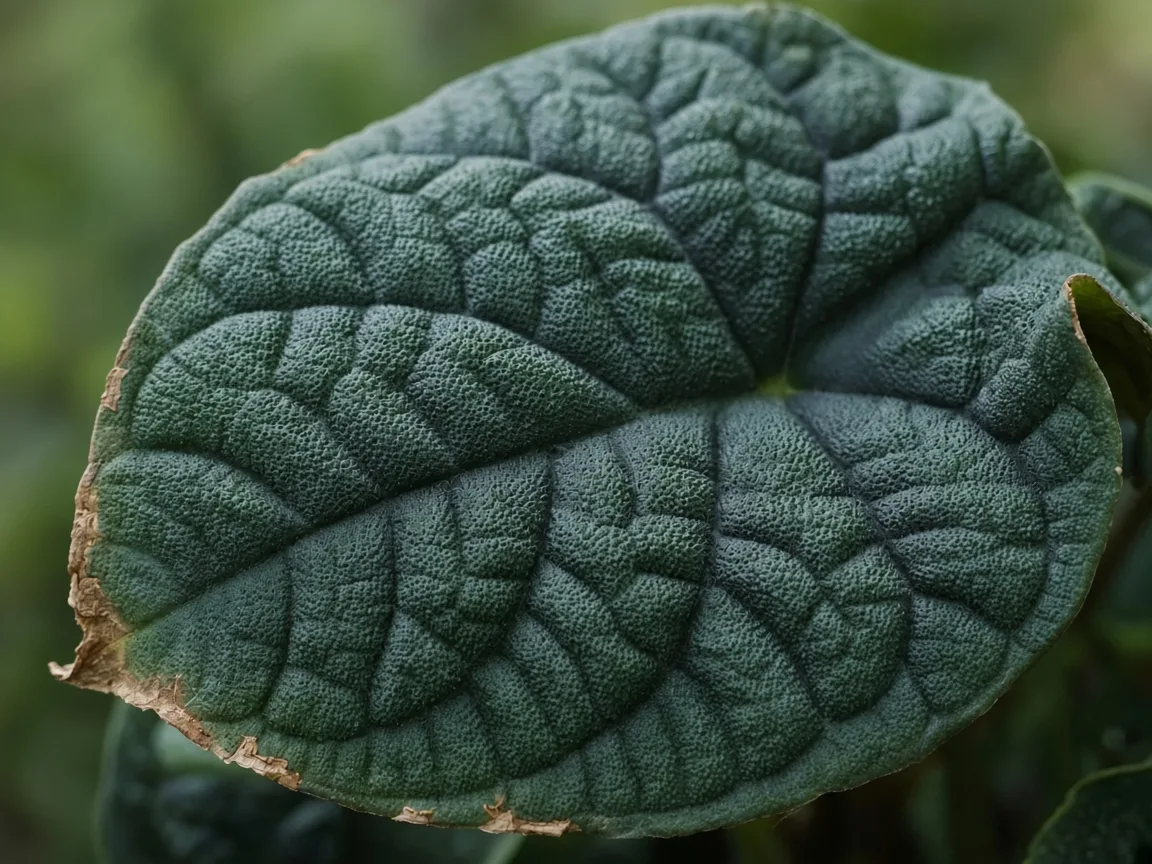 Close-up of cupped pebbled bullate leaves with crisp brown edges on Alocasia Melo