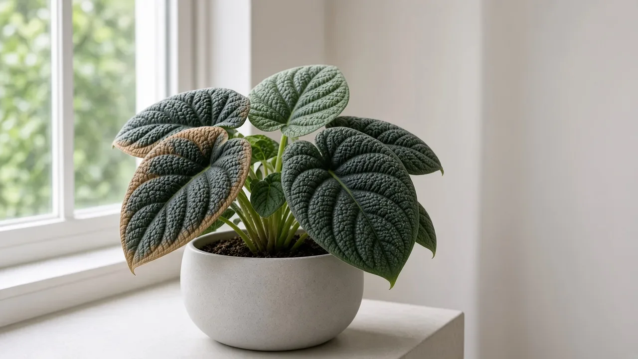 Underwatering on Alocasia Melo - cupped pebbled bullate leaves with crisp brown edges on a light dry pot